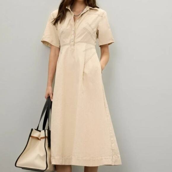 ROSETTA GETTY Beige Twill Cotton Short Sleeve Button Front Dress Size 6 - Picture 1 of 11